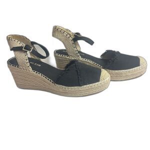 Anne Klein Black Espadrille Wedge Sandal Sz 9 Jute Platform Resort Wear Vacation